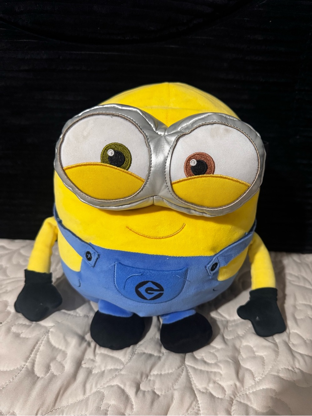Plush Minion Toy with Blue Overalls and Silver Goggles